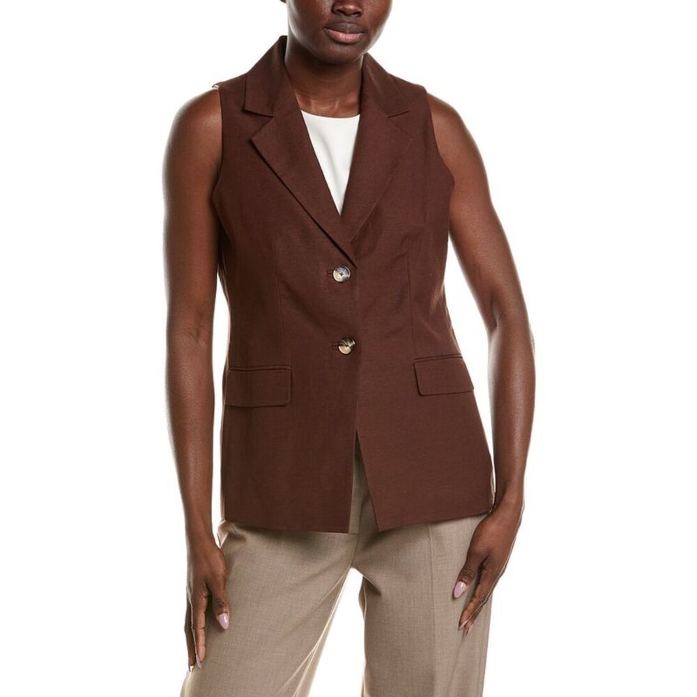 Anne Klein Womens Notch Collar Linen-Blend Vest, Brown